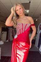 Load image into Gallery viewer, Sparkly Red Corset One Shoulder Long Formal Dress with Beading