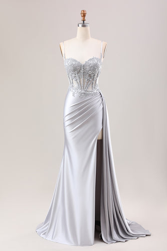 Glitter Mermaid Silver Long Corset Formal Dress with Slit