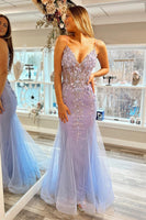 Load image into Gallery viewer, Mermaid Spaghetti Straps Lilac Corset Formal Dress with Beading
