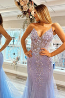 Load image into Gallery viewer, Mermaid Spaghetti Straps Lilac Corset Formal Dress with Beading