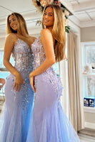 Load image into Gallery viewer, Mermaid Spaghetti Straps Lilac Corset Formal Dress with Beading