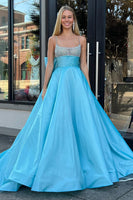 Load image into Gallery viewer, A Line Blue Beaded Long Formal Dress With Bowknot