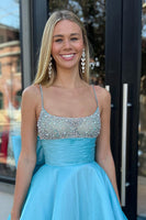 Load image into Gallery viewer, A Line Blue Beaded Long Formal Dress With Bowknot