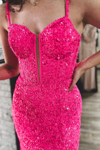Sparkly Fuchsia Corset Sequins Long Mermaid Formal Dress with Slit