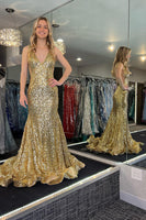 Load image into Gallery viewer, Sparkly Golden Sequins Mermaid V Neck Long Formal Dress