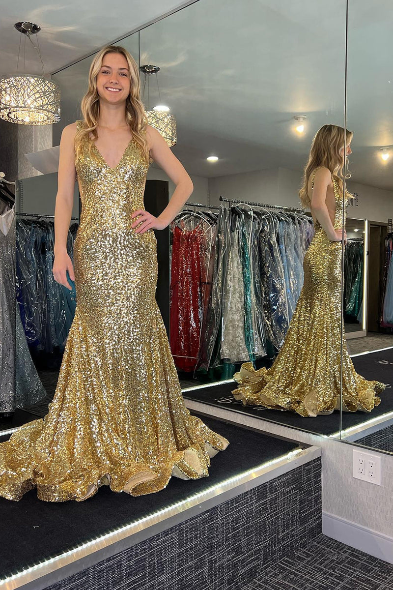 Load image into Gallery viewer, Sparkly Golden Sequins Mermaid V Neck Long Formal Dress