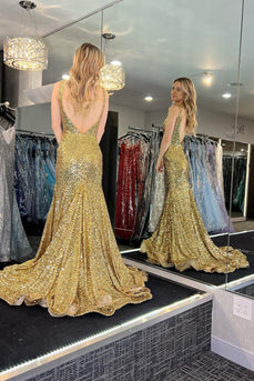 Sparkly Golden Sequins Mermaid V Neck Long Formal Dress