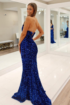 Sparkly Royal Blue Strapless Mermaid Long Formal Dress
