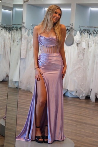 Lilac Strapless Corset Mermaid Satin Long Formal Dress with Slit