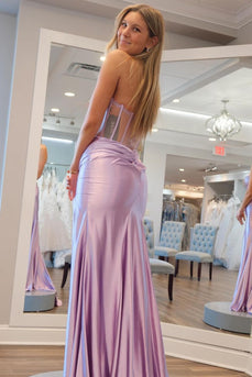 Lilac Strapless Corset Mermaid Satin Long Formal Dress with Slit