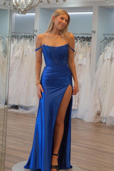 Royal Blue Floral Off-Shoulder Mermaid Long Formal Dress with Slit