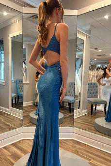 Sparkly Blue Beaded V Neck Mermaid Long Formal Dress with Slit