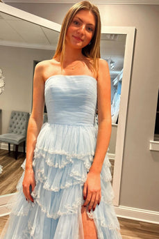 Sparkly Light Blue Strapless Beaded Tiered Long Formal Dress with Slit