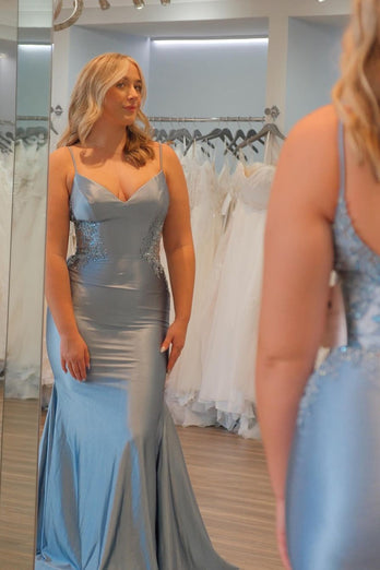 Glitter Grey Blue Grey Blue Appliques Mermaid Long Formal Dress