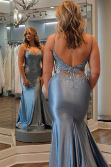 Glitter Grey Blue Grey Blue Appliques Mermaid Long Formal Dress