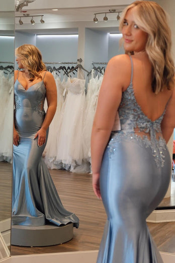 Glitter Grey Blue Grey Blue Appliques Mermaid Long Formal Dress