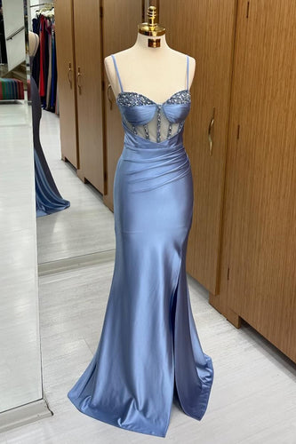 Sparkly Grey Blue Corset Mermaid Long Formal Dress with Slit