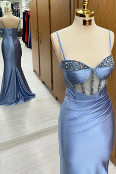 Sparkly Grey Blue Corset Mermaid Long Formal Dress with Slit
