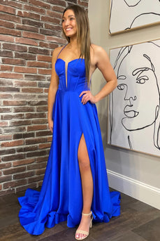 Royal Blue A-line Spaghetti Straps Satin Long Formal Dress with Slit