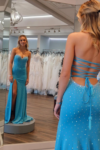 Sparkly Blue Beaded Mermaid Long Formal Dress with Slit