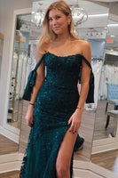Load image into Gallery viewer, Sparkly Dark Green Floral Off-Shoulder Mermaid Long Formal Dress with Slit