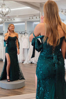 Load image into Gallery viewer, Sparkly Dark Green Floral Off-Shoulder Mermaid Long Formal Dress with Slit