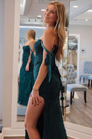 Load image into Gallery viewer, Sparkly Dark Green Floral Off-Shoulder Mermaid Long Formal Dress with Slit