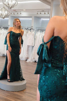 Load image into Gallery viewer, Sparkly Dark Green Floral Off-Shoulder Mermaid Long Formal Dress with Slit