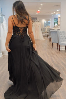 Glitter Black Floral A-line Long Formal Dress with Slit