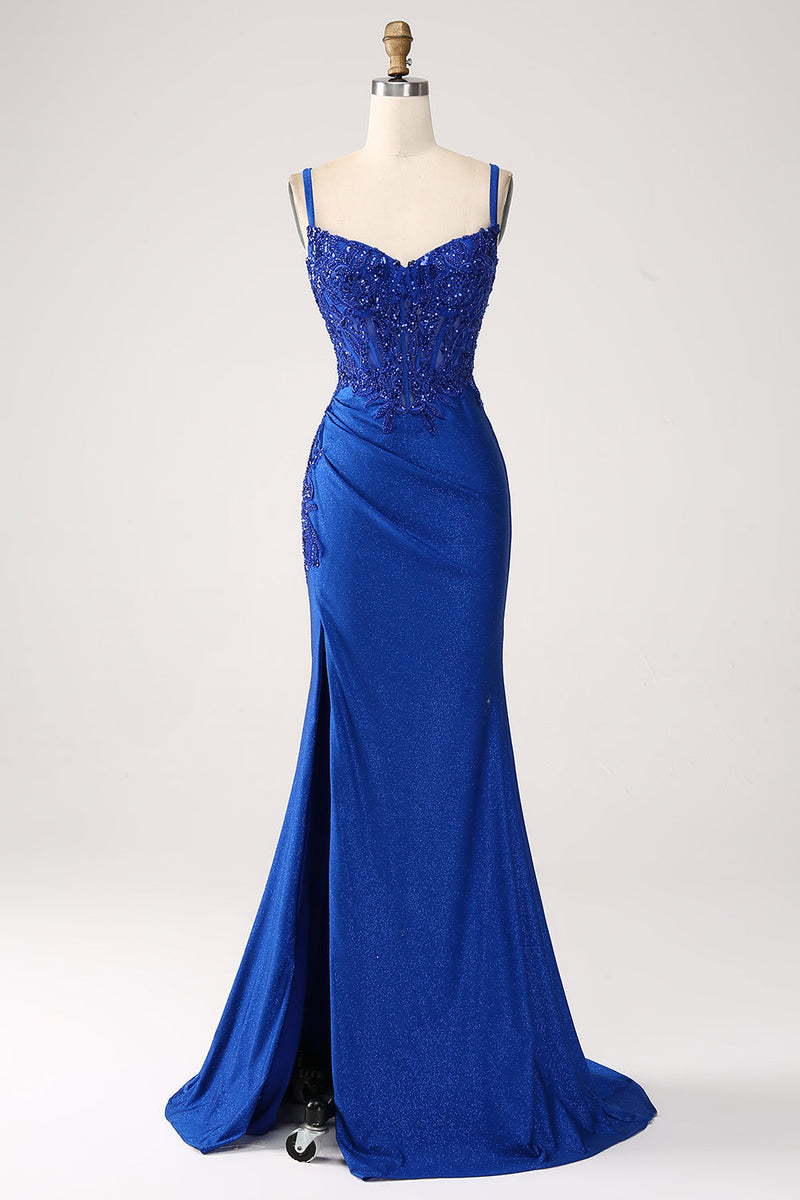 Load image into Gallery viewer, Glitter Royal Blue Mermaid Corset Long Formal Dress with Appliques