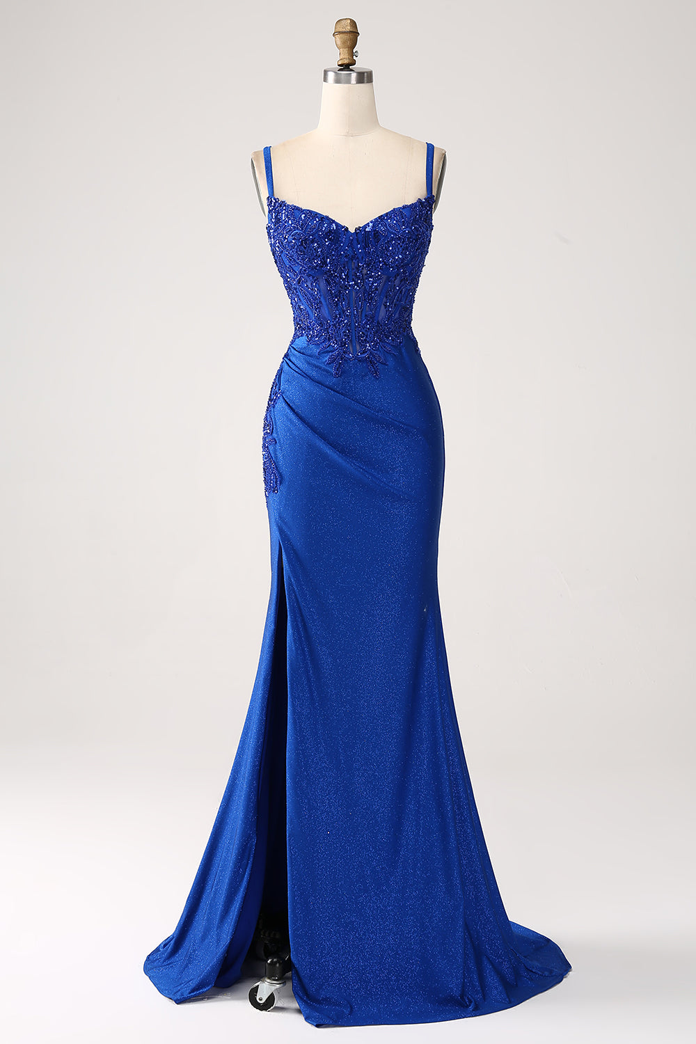 Glitter Royal Blue Mermaid Corset Long Formal Dress with Appliques