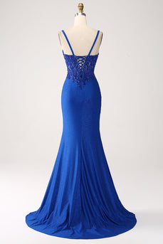 Glitter Royal Blue Mermaid Corset Long Formal Dress with Appliques