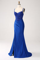 Load image into Gallery viewer, Glitter Royal Blue Mermaid Corset Long Formal Dress with Appliques