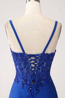 Load image into Gallery viewer, Glitter Royal Blue Mermaid Corset Long Formal Dress with Appliques
