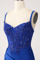 Load image into Gallery viewer, Glitter Royal Blue Mermaid Corset Long Formal Dress with Appliques