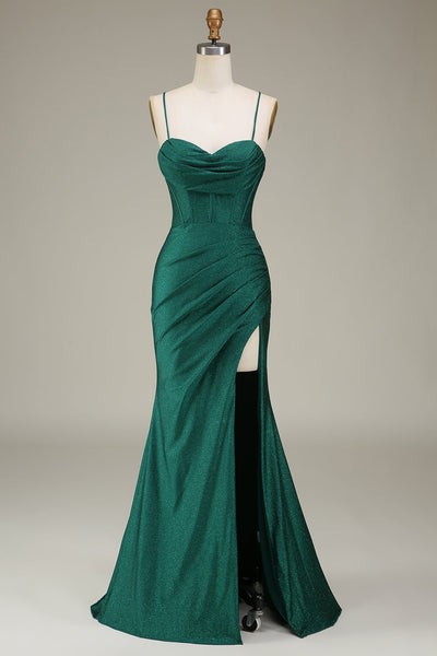 Dark Green Satin Spaghetti Straps Formal Dress with Corset