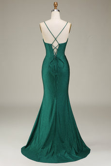 Dark Green Satin Spaghetti Straps Formal Dress with Corset