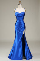 Load image into Gallery viewer, Royal Blue Satin Ruched Mermaid Long Formal Dress With Slit