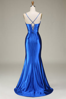Royal Blue Satin Ruched Mermaid Long Formal Dress With Slit