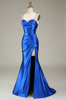 Load image into Gallery viewer, Royal Blue Satin Ruched Mermaid Long Formal Dress With Slit