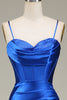 Load image into Gallery viewer, Royal Blue Satin Ruched Mermaid Long Formal Dress With Slit
