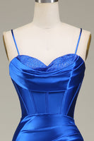 Load image into Gallery viewer, Royal Blue Satin Ruched Mermaid Long Formal Dress With Slit