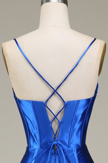 Royal Blue Satin Ruched Mermaid Long Formal Dress With Slit