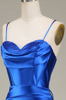 Load image into Gallery viewer, Royal Blue Satin Ruched Mermaid Long Formal Dress With Slit