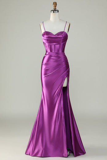 Royal Blue Satin Ruched Mermaid Long Formal Dress With Slit