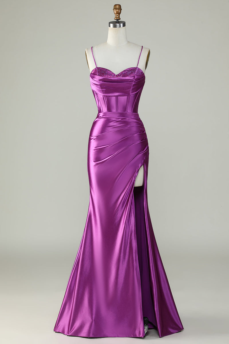 Load image into Gallery viewer, Royal Blue Satin Ruched Mermaid Long Formal Dress With Slit
