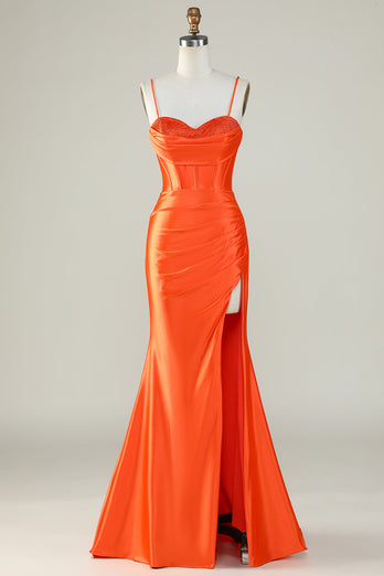 Royal Blue Satin Ruched Mermaid Long Formal Dress With Slit