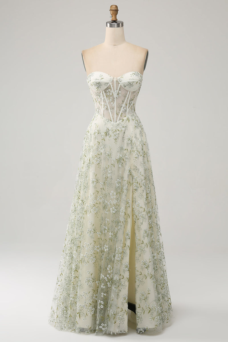 Load image into Gallery viewer, Light Green Floral Corset A-Line Formal Dress with Slit