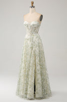 Load image into Gallery viewer, Light Green Floral Corset A-Line Formal Dress with Slit