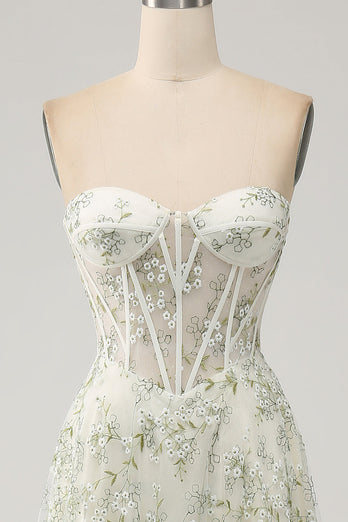 Light Green Floral Corset A-Line Formal Dress with Slit